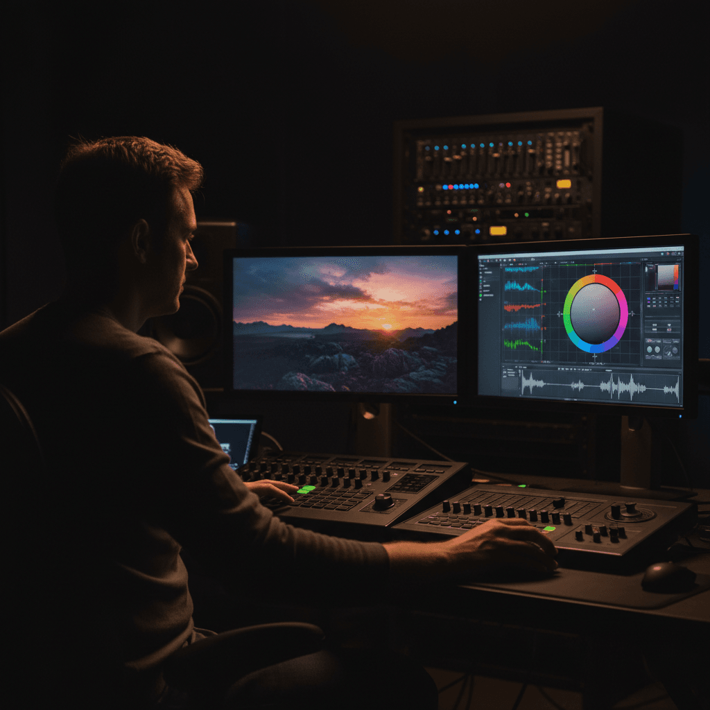 Studio de montage professionnel avec écrans multiples affichant l'édition vidéo