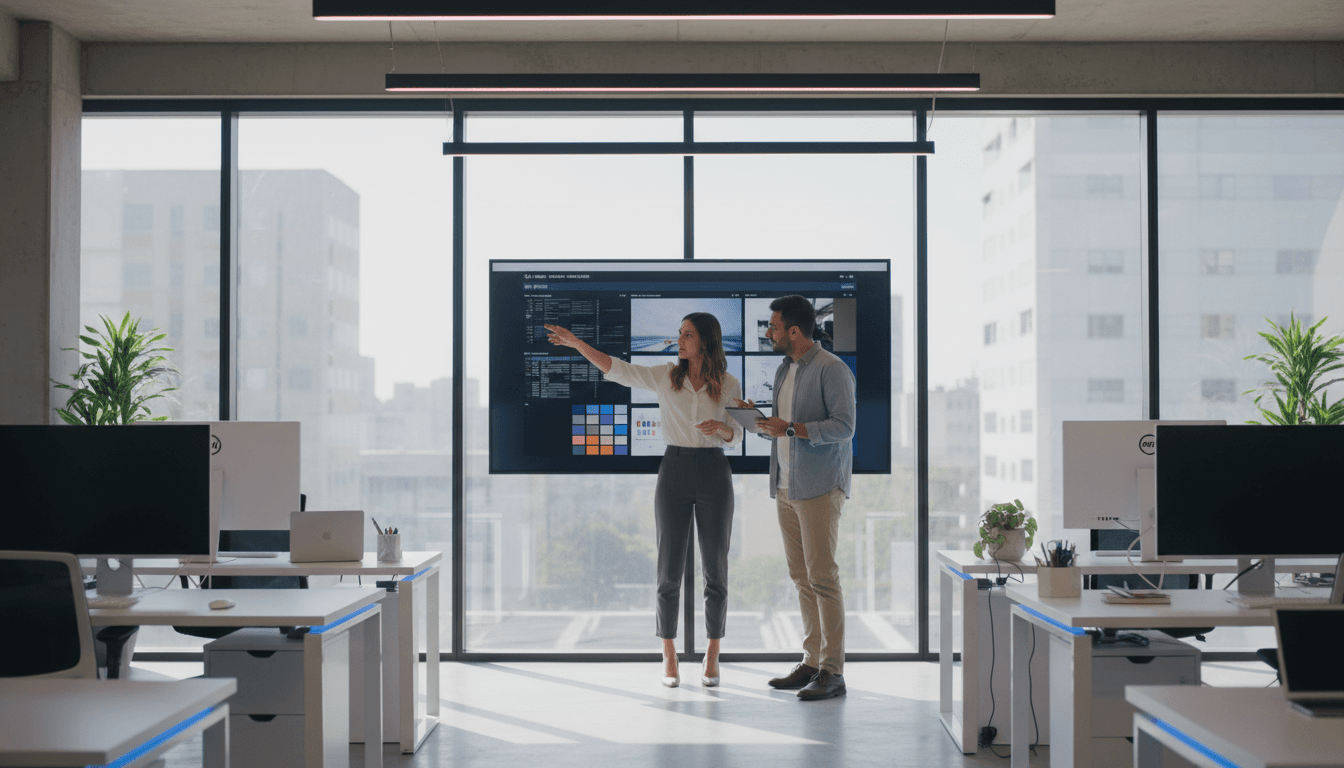 Team collaborating on video advertising strategy at EMG DISTRIB