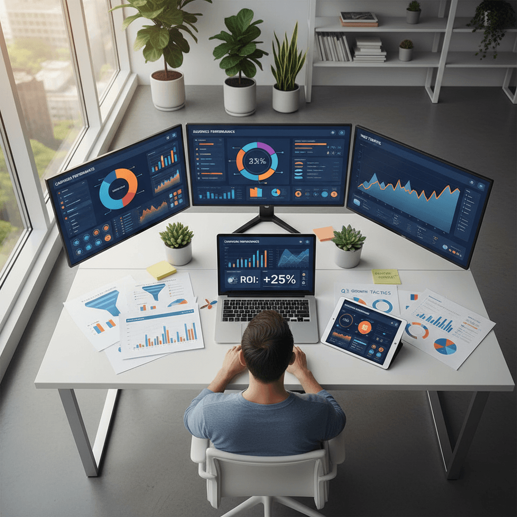 Tableau de bord de publicité numérique affichant les métriques TikTok, Instagram et Facebook