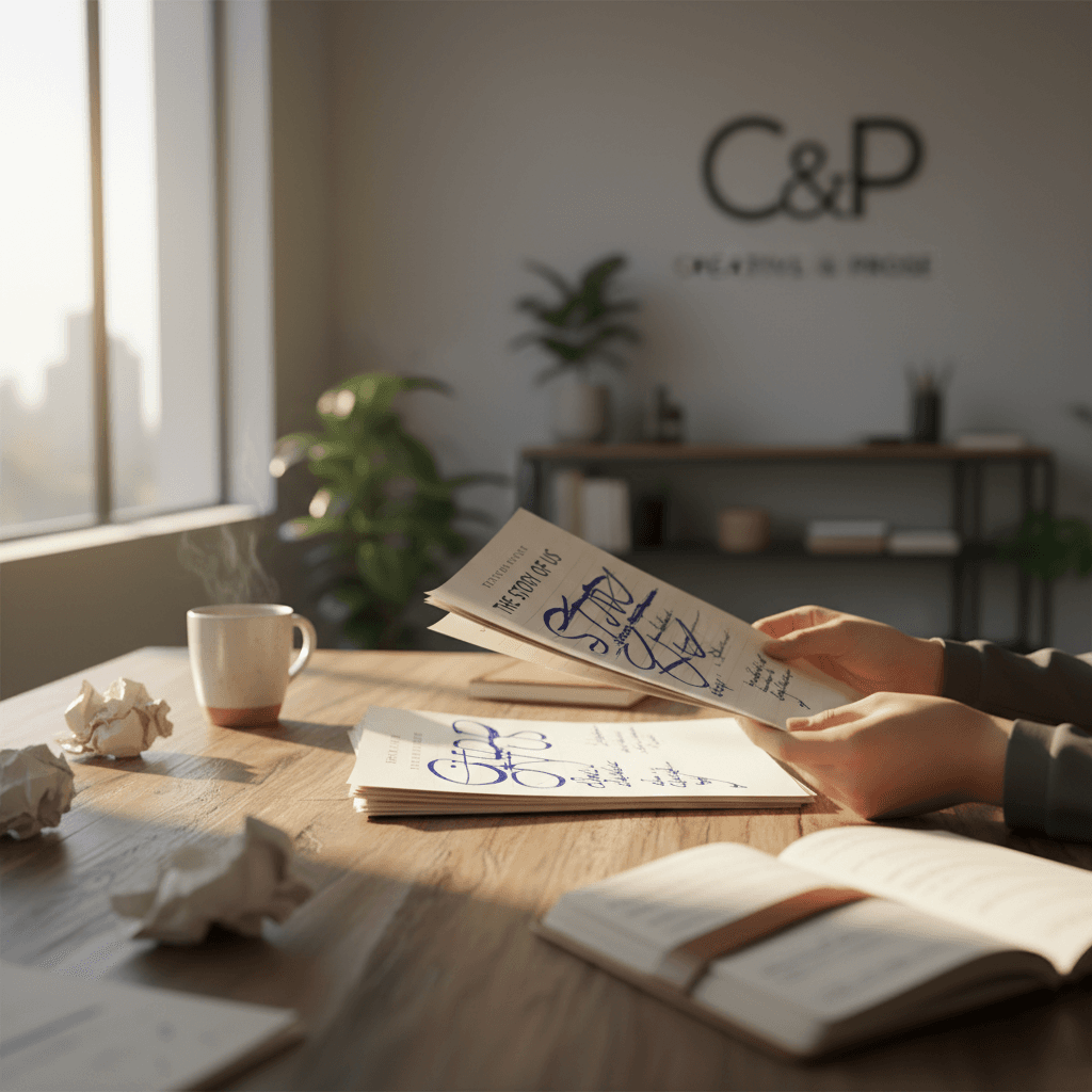 Mains écrivant un script de vidéo publicitaire avec annotations créatives