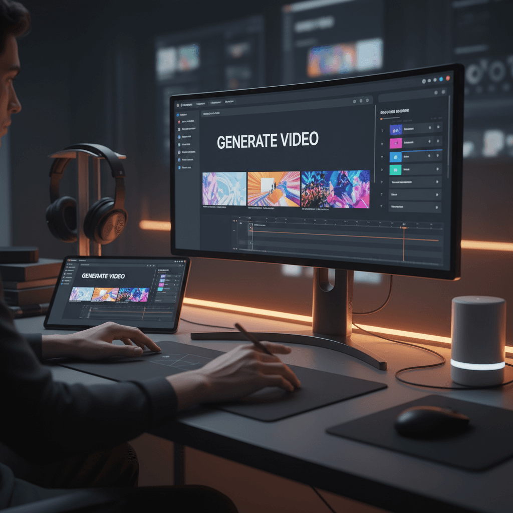 Interface de création vidéo IA avec écran affichant les couches de montage vidéo