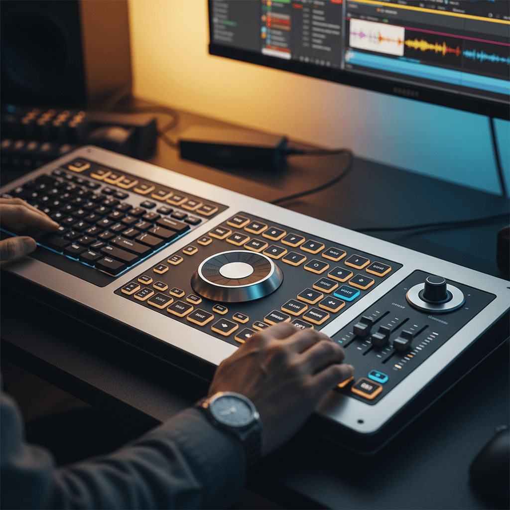 Mains d'un producteur travaillant sur un clavier d'édition professionnel en studio