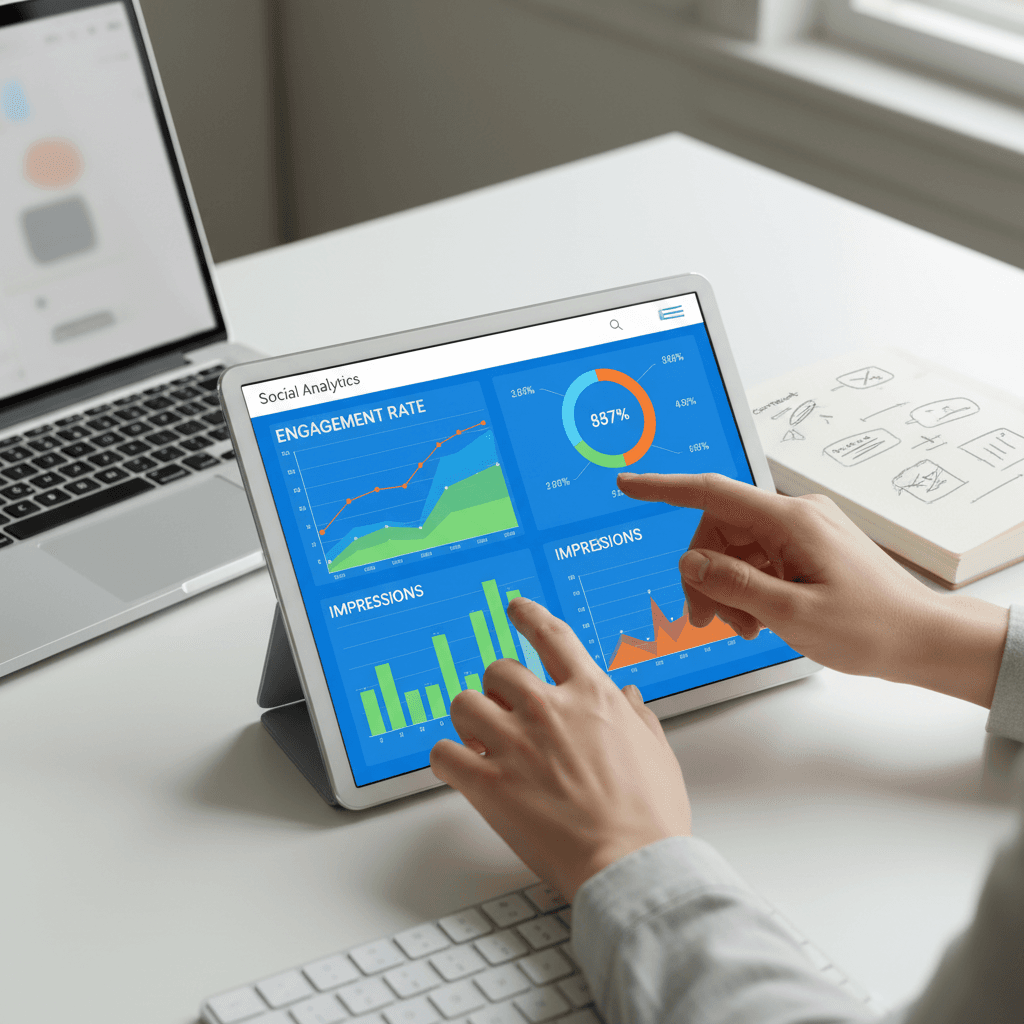 Gestionnaire de réseaux sociaux analysant plusieurs tableaux de bord de campagnes publicitaires