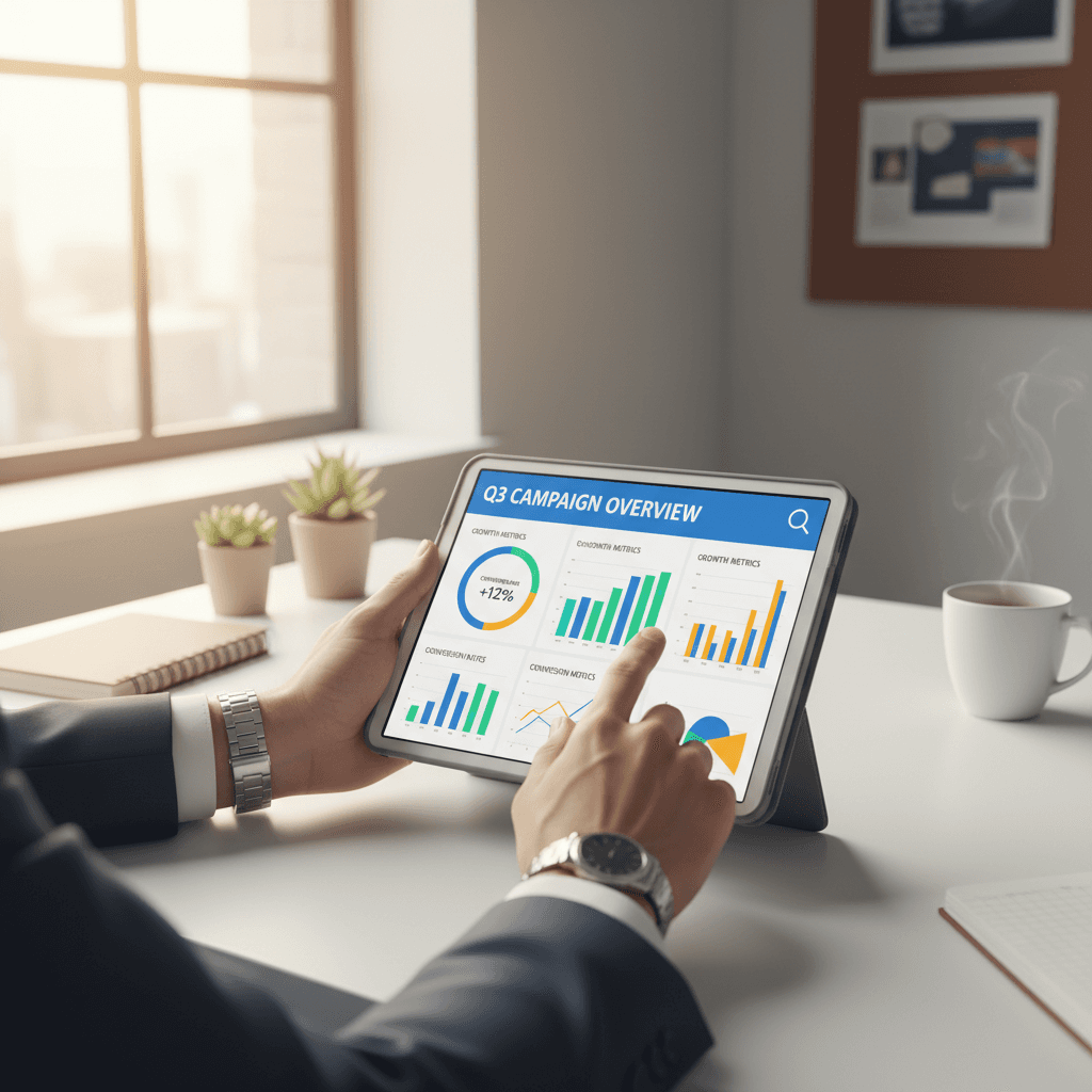 Stratège marketing présentant des données de conversion sur un tableau blanc