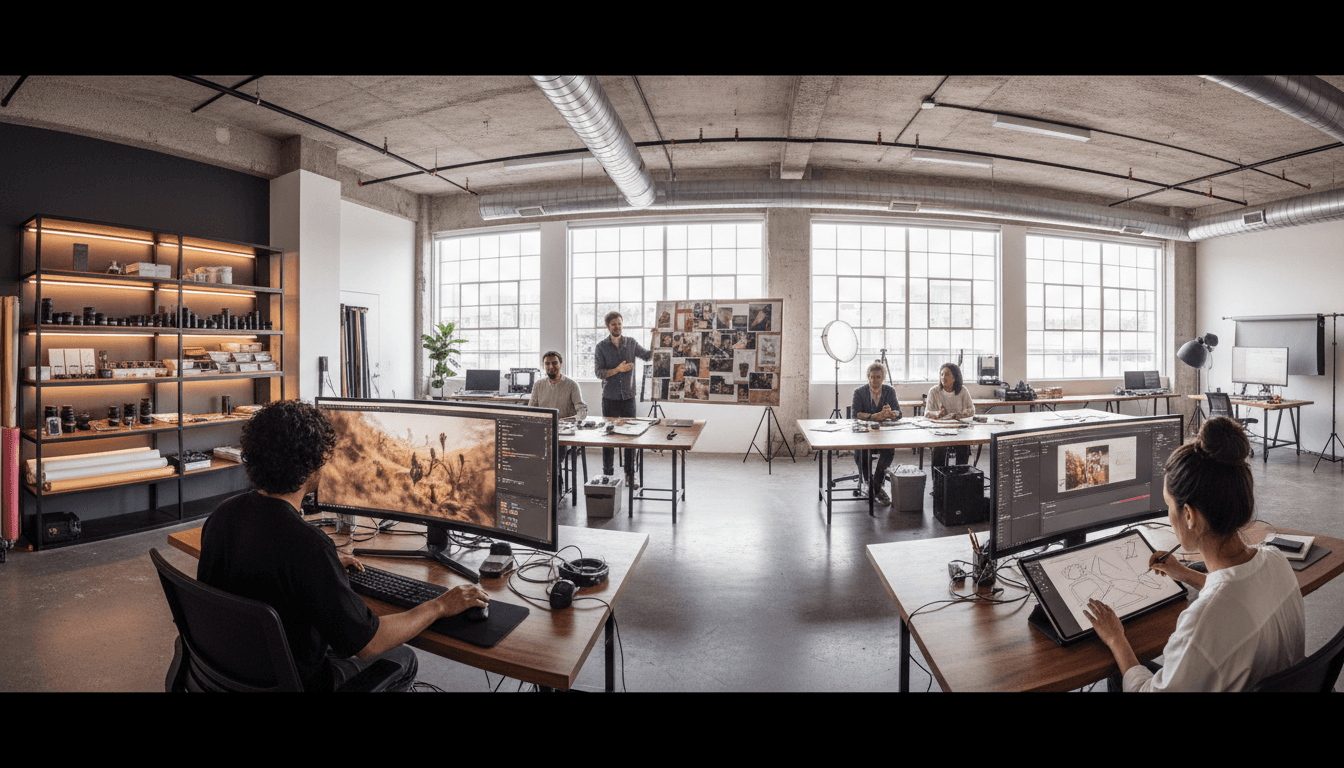Directrice créative examinant des storyboards vidéo en studio